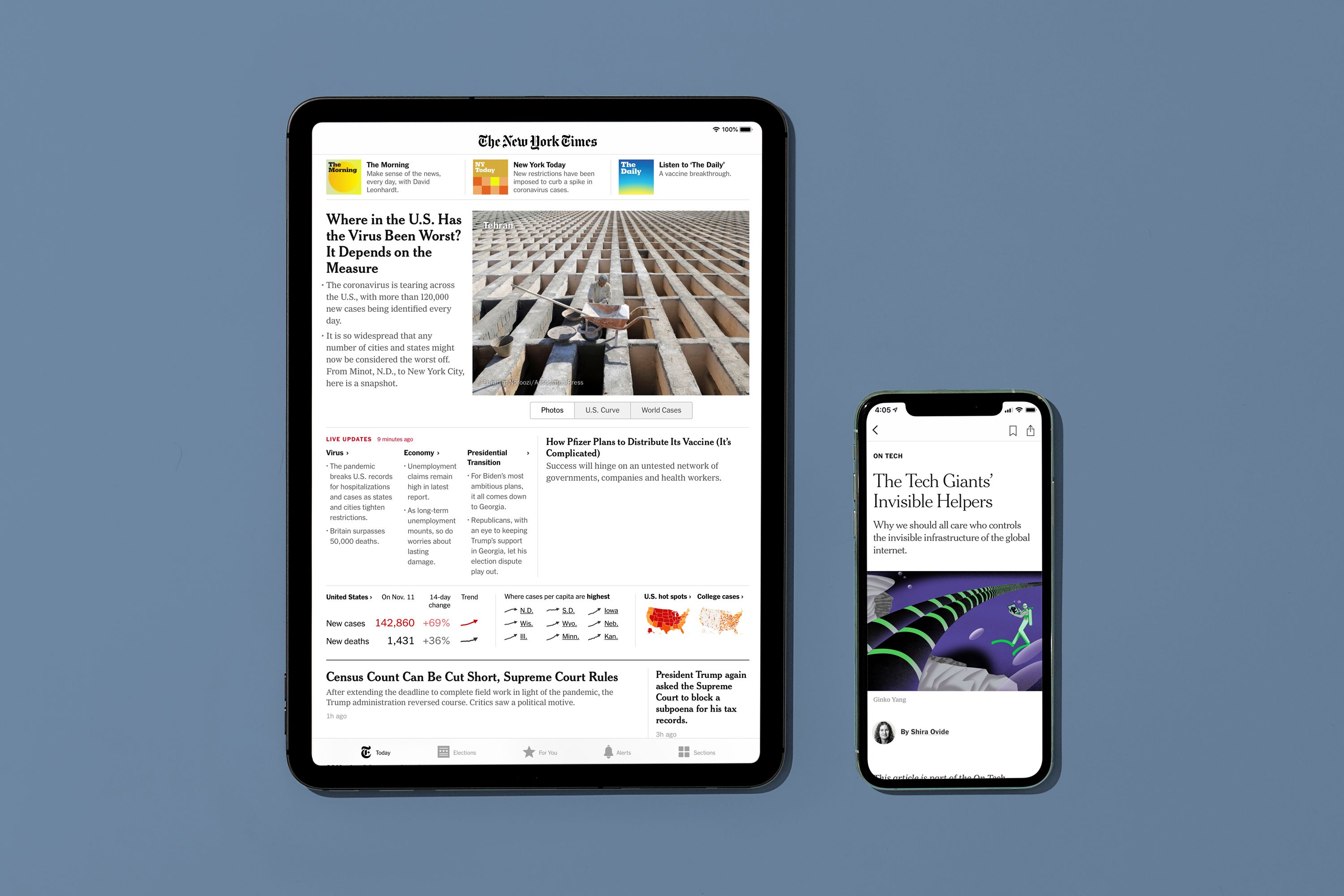 Tablet and smartphone with the New York Times open