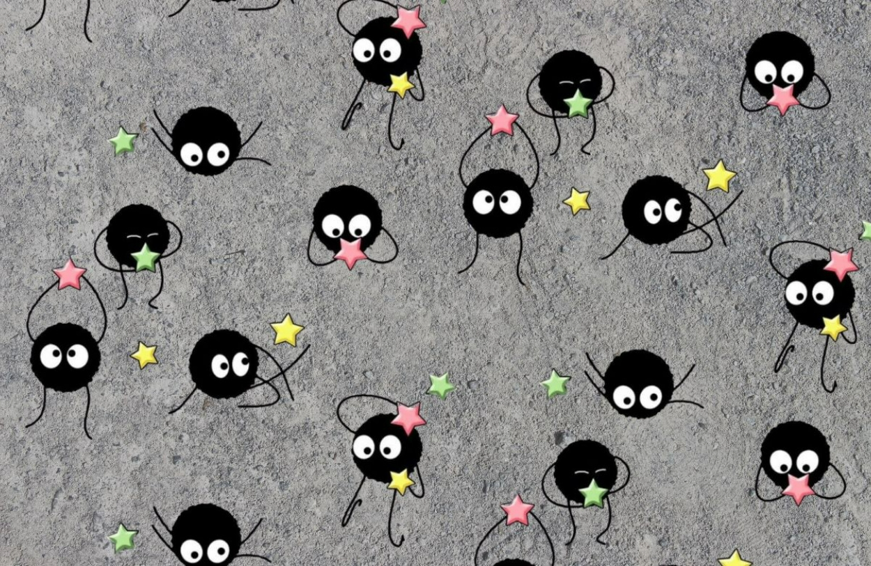 Various soot sprites holding different colored stars on a gray background