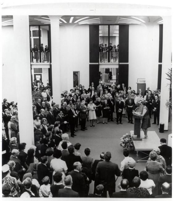 President Evan R. Collins and Library Director Alice Hastings Murphy dedicate the University Library in 1968